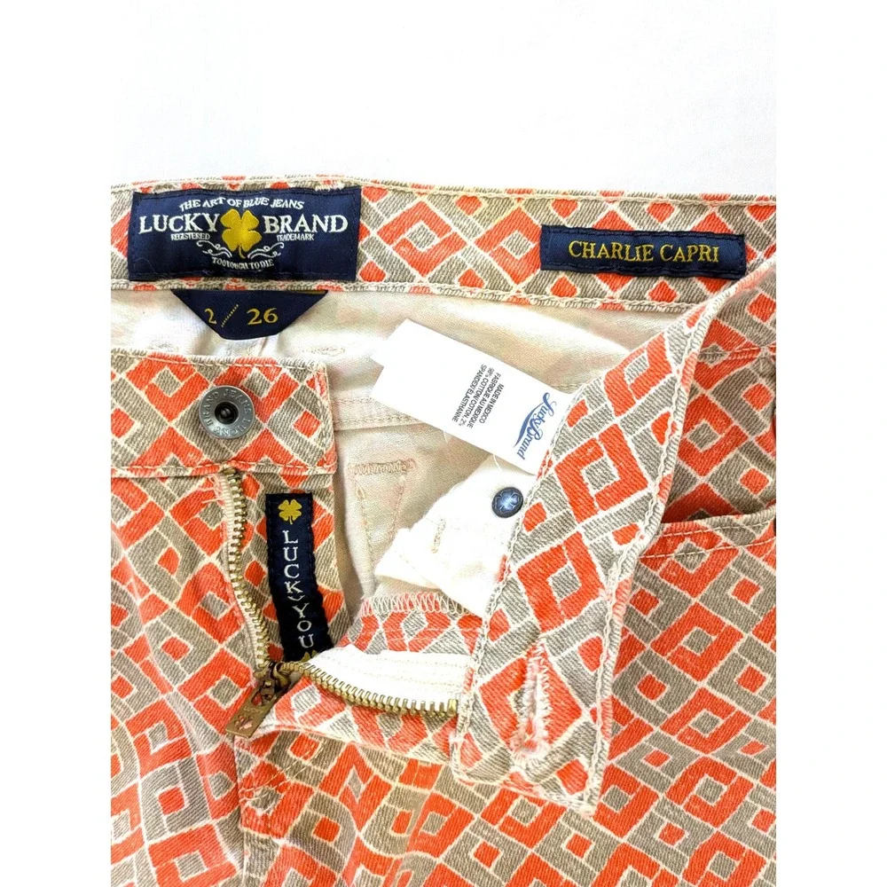 Lucky Brand Charlie Capri Orange Geometric Diamond Print Slim Crop Jeans 2 26 - Picture 3 of 6